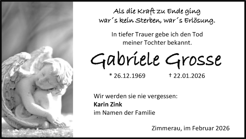  Traueranzeige für Gabriele Grosse vom 07.02.2026 aus MGO