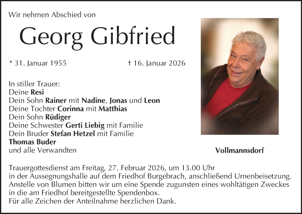  Traueranzeige für Georg Gibfried vom 21.02.2026 aus MGO