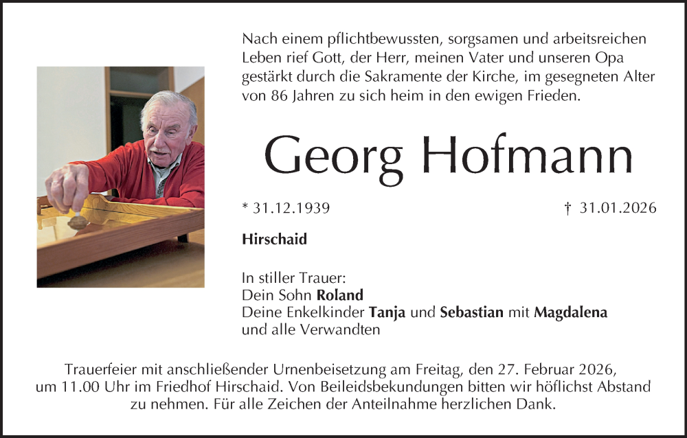  Traueranzeige für Georg Hofmann vom 21.02.2026 aus MGO