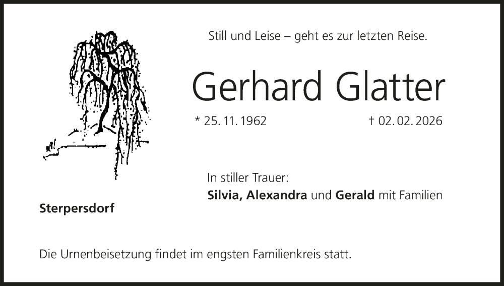  Traueranzeige für Gerhard Glatter vom 07.02.2026 aus MGO
