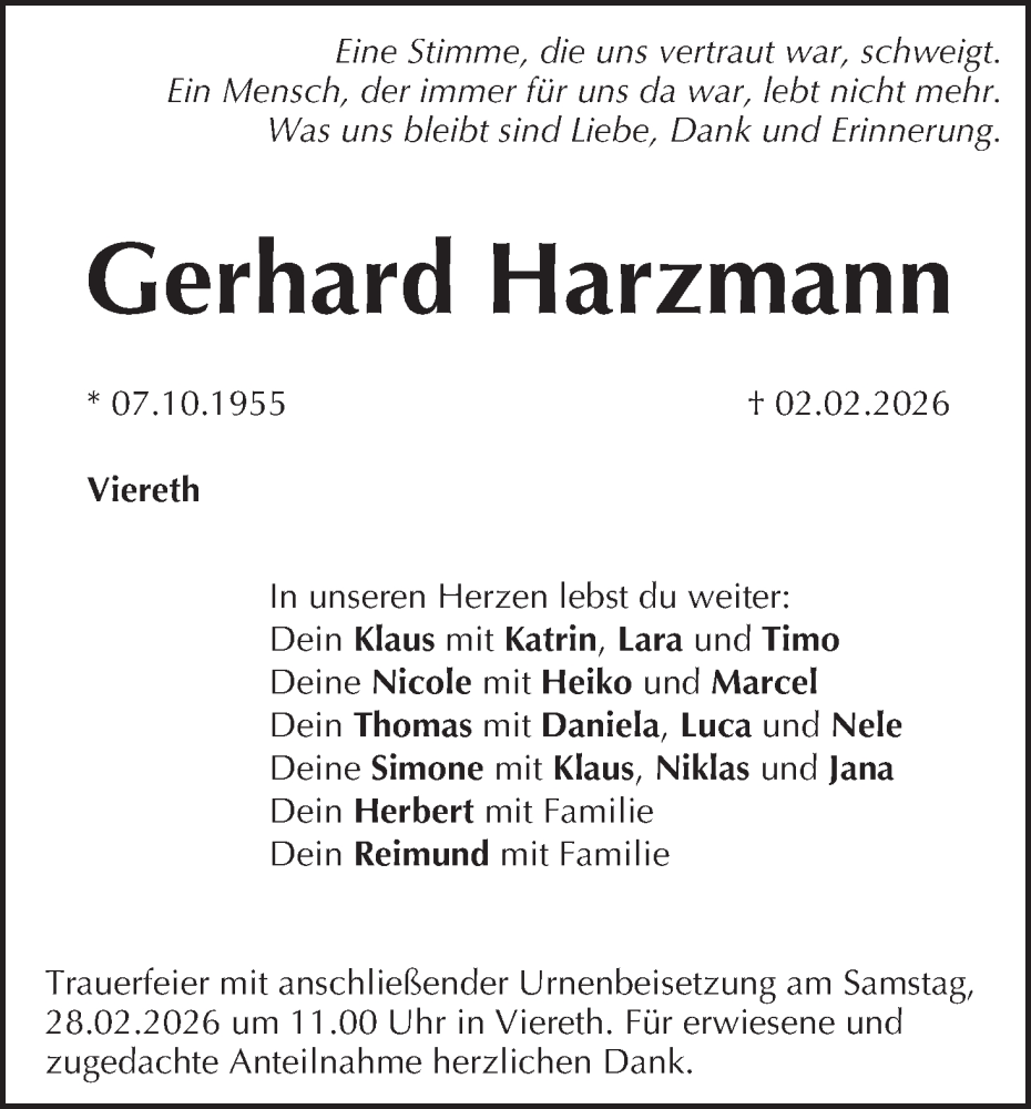  Traueranzeige für Gerhard Harzmann vom 21.02.2026 aus MGO