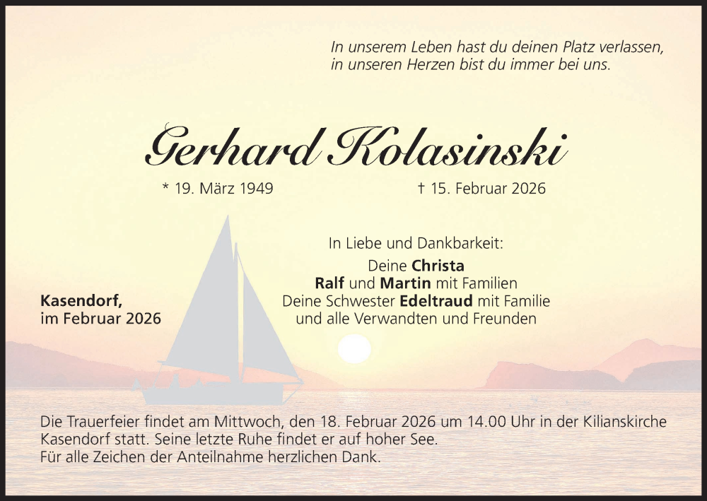  Traueranzeige für Gerhard Kolasinski vom 17.02.2026 aus MGO
