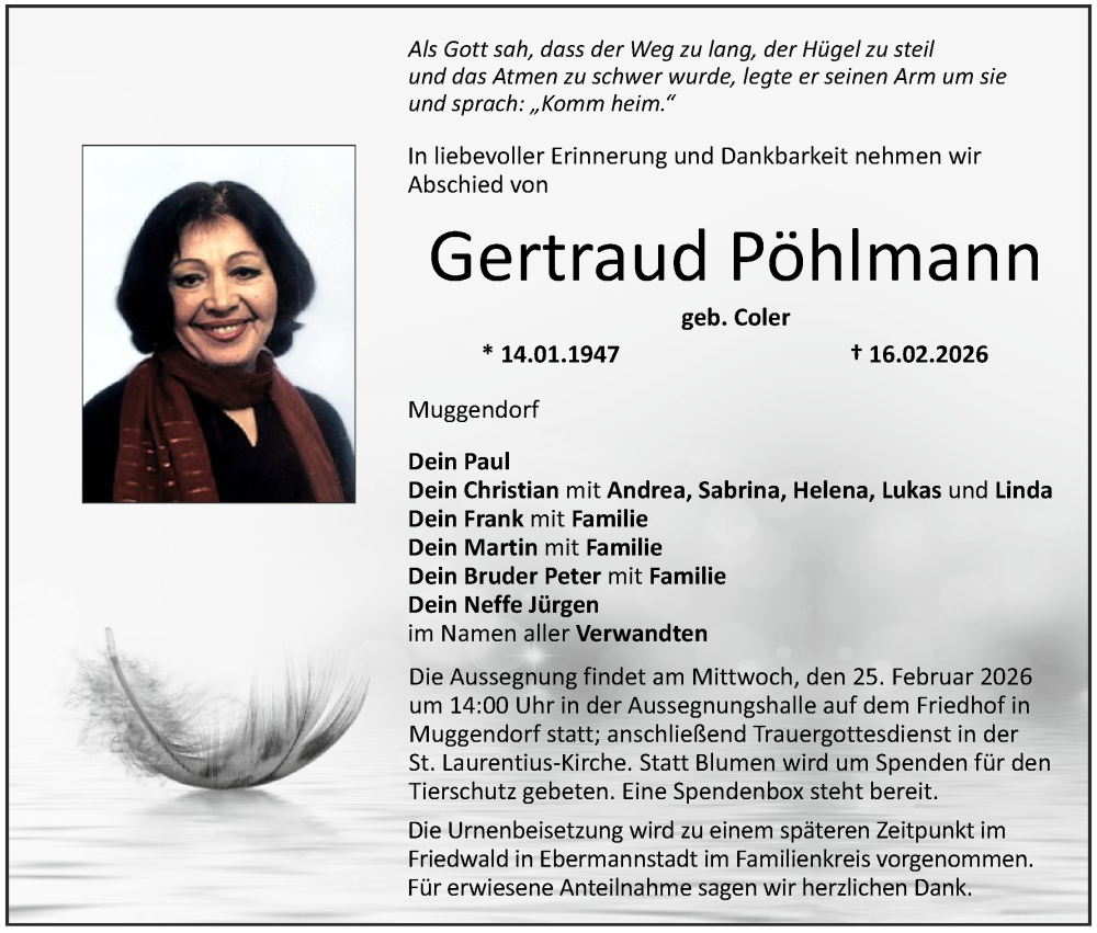  Traueranzeige für Gertraud Pöhlmann vom 21.02.2026 aus MGO