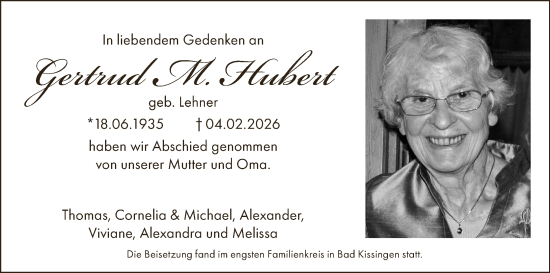 Anzeige von Gertrud M. Hubert von MGO