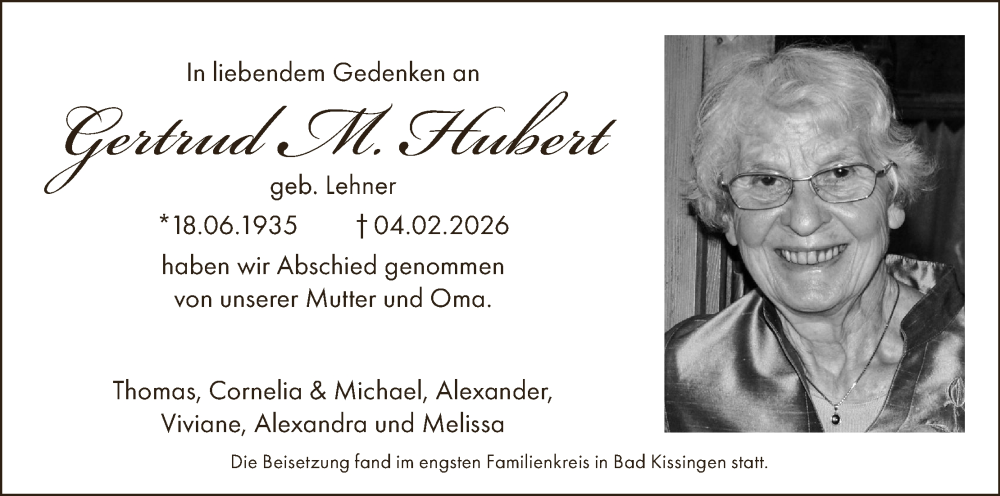  Traueranzeige für Gertrud M. Hubert vom 21.02.2026 aus MGO
