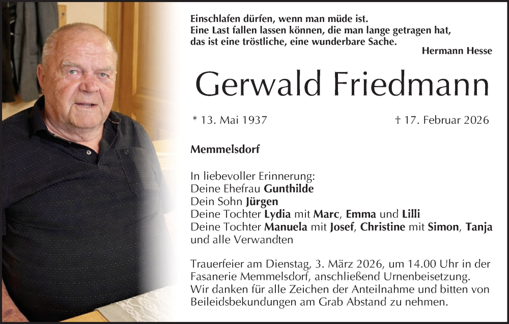  Traueranzeige für Gerwald Friedmann vom 28.02.2026 aus MGO