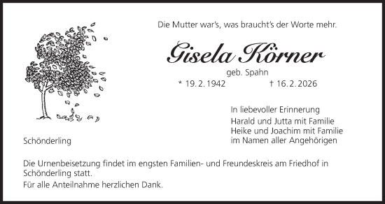 Anzeige von Gisela Körner von MGO