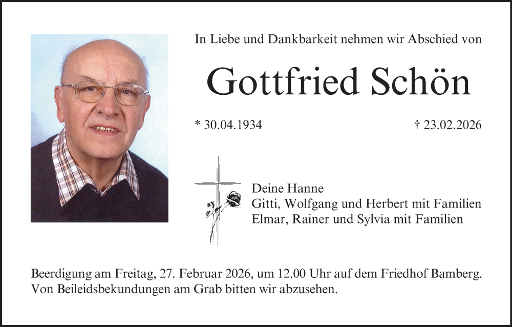  Traueranzeige für Gottfried Schön vom 26.02.2026 aus MGO