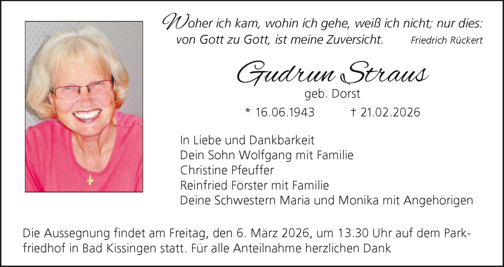  Traueranzeige für Gudrun Straus vom 28.02.2026 aus MGO