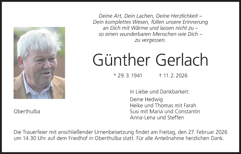 Traueranzeige für Günther Gerlach vom 21.02.2026 aus MGO