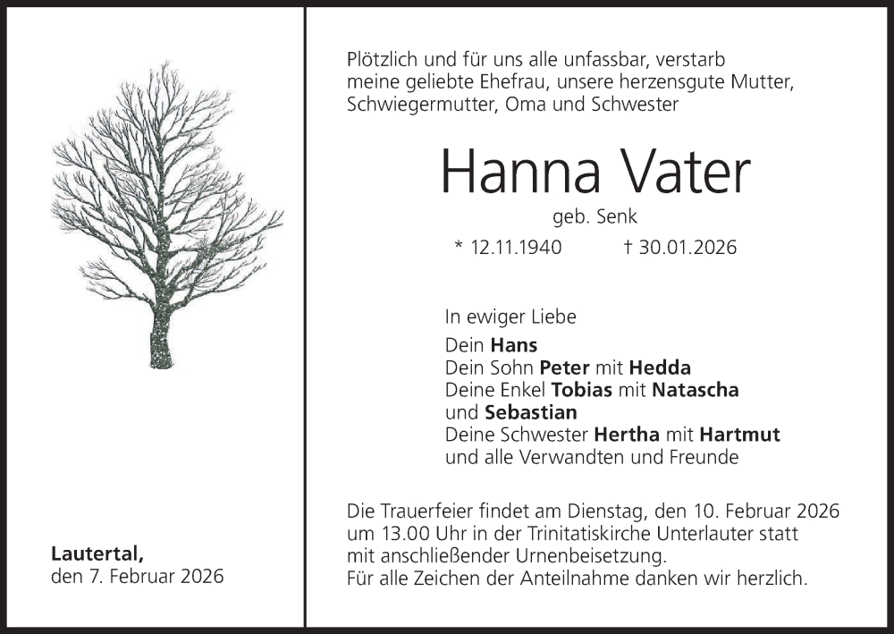  Traueranzeige für Hanna Vater vom 07.02.2026 aus MGO