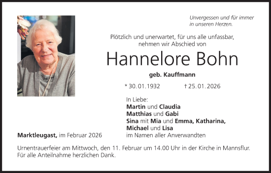 Anzeige von Hannelore Bohn von MGO