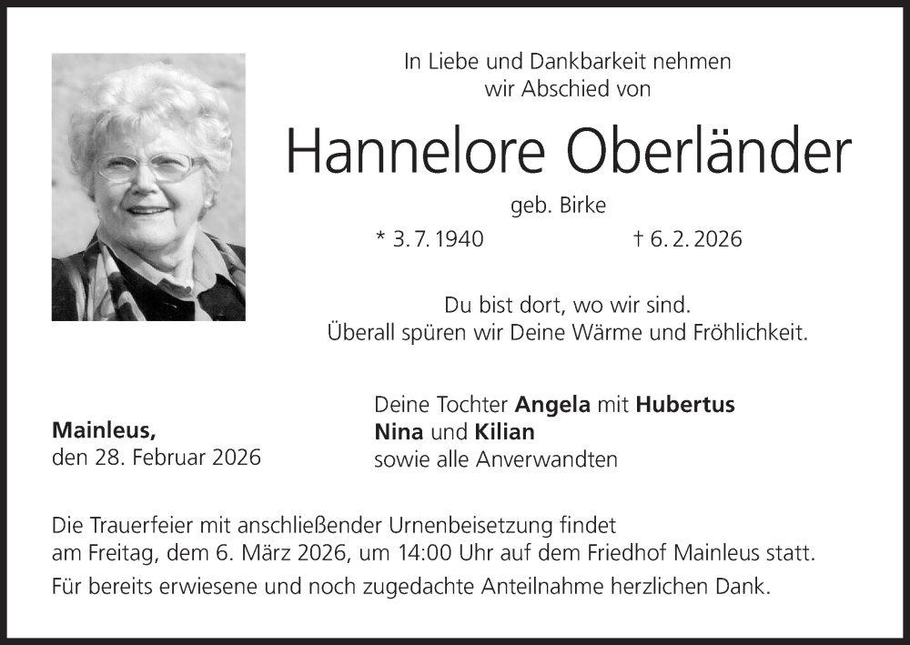  Traueranzeige für Hannelore Oberländer vom 28.02.2026 aus MGO
