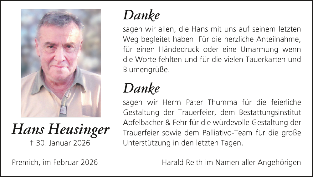  Traueranzeige für Hans Heusinger vom 14.02.2026 aus MGO