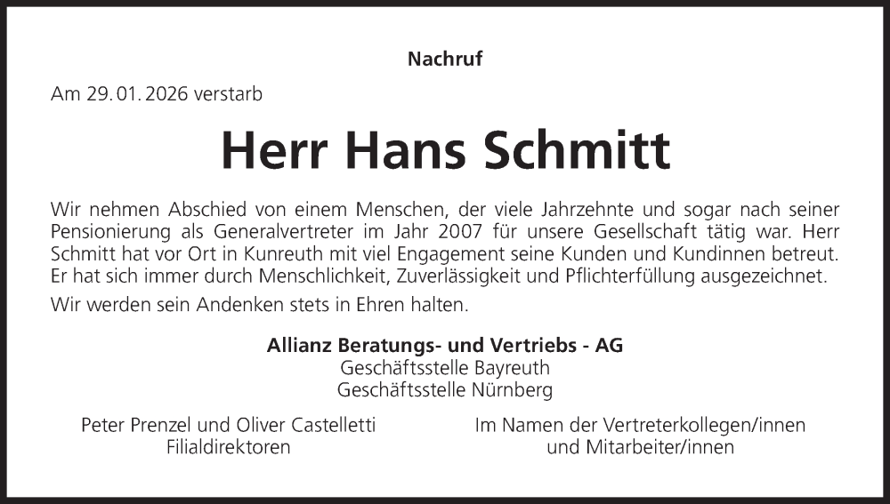  Traueranzeige für Hans Schmitt vom 03.02.2026 aus MGO