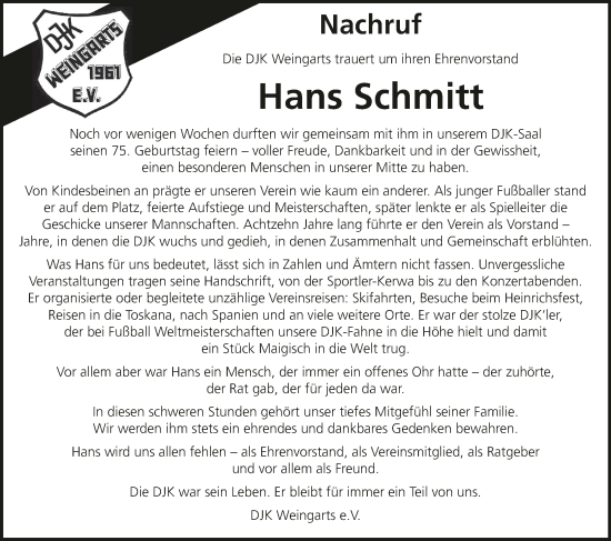 Anzeige von Hans Schmitt von MGO