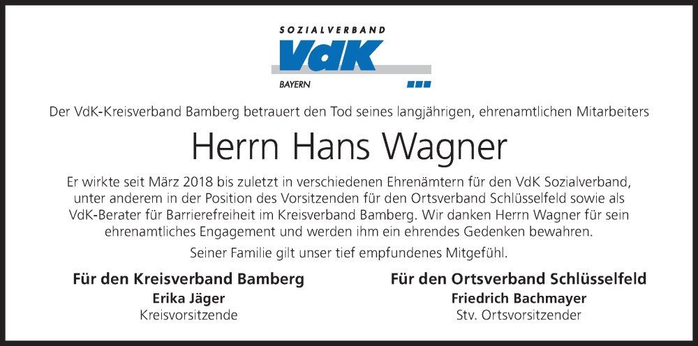  Traueranzeige für Hans Wagner vom 14.02.2026 aus MGO