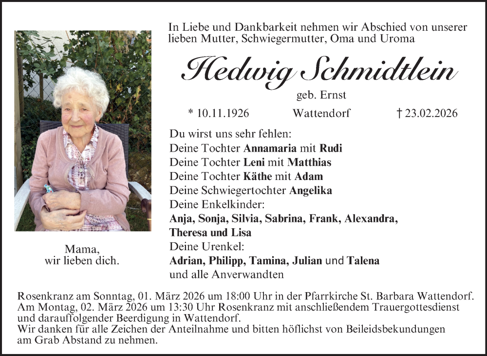  Traueranzeige für Hedwig Schmidtlein vom 28.02.2026 aus MGO