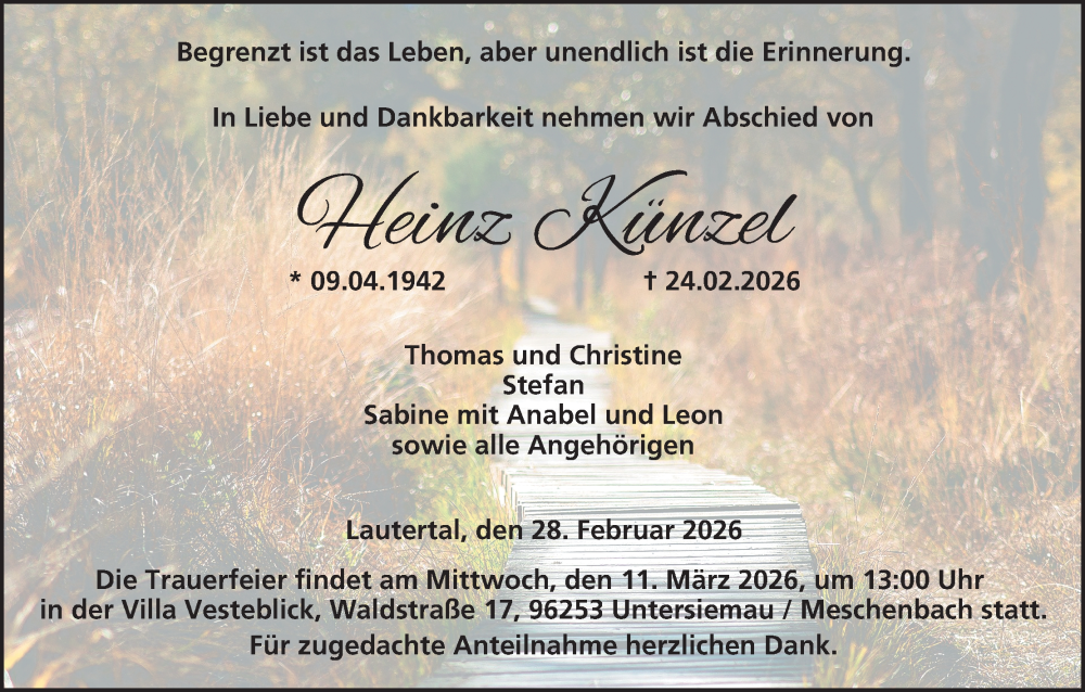  Traueranzeige für Heinz Künzel vom 28.02.2026 aus MGO