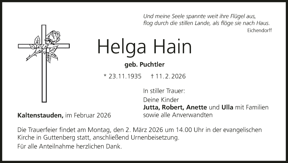  Traueranzeige für Helga Hain vom 25.02.2026 aus MGO