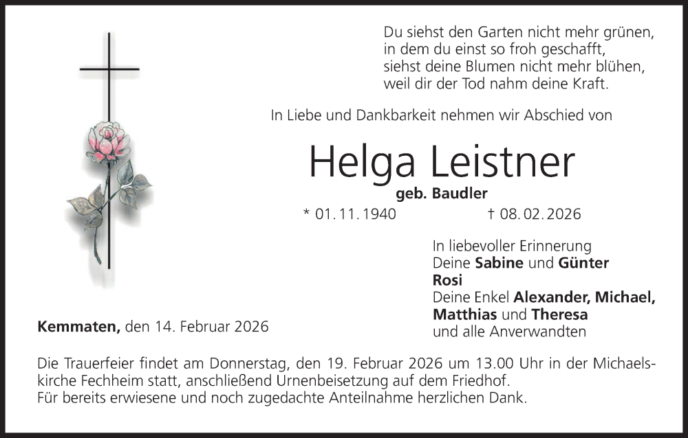  Traueranzeige für Helga Leistner vom 14.02.2026 aus MGO