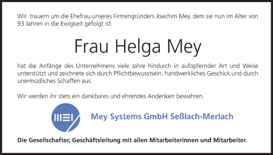 Anzeige von Helga Mey von MGO