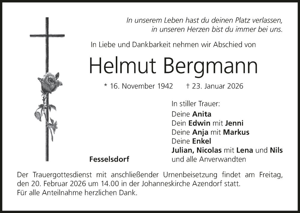  Traueranzeige für Helmut Bergmann vom 14.02.2026 aus MGO