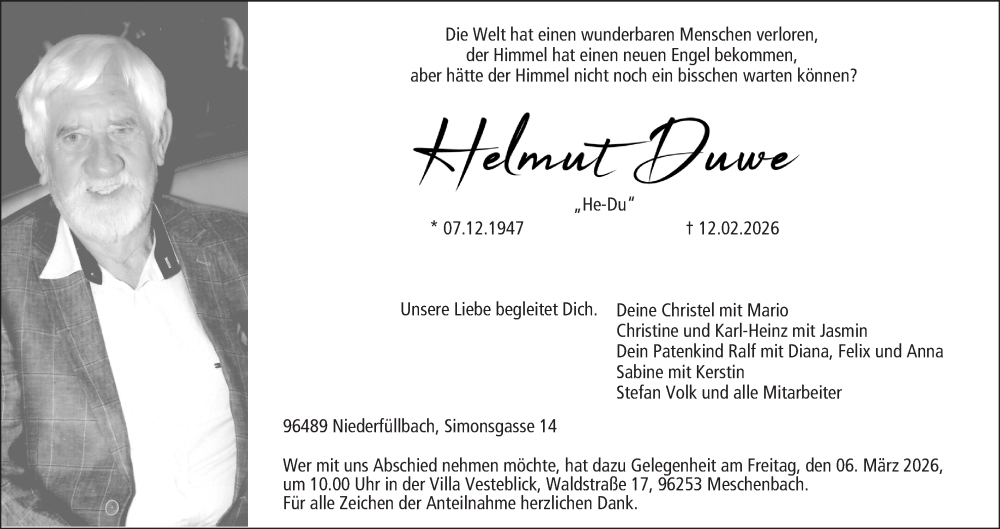  Traueranzeige für Helmut Duwe vom 21.02.2026 aus MGO