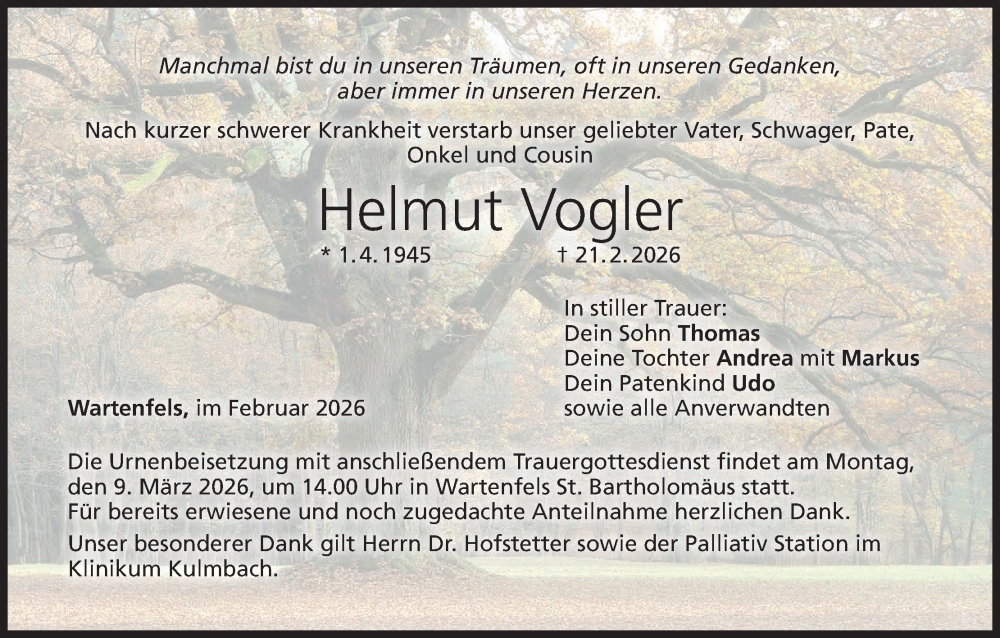  Traueranzeige für Helmut Vogler vom 28.02.2026 aus MGO