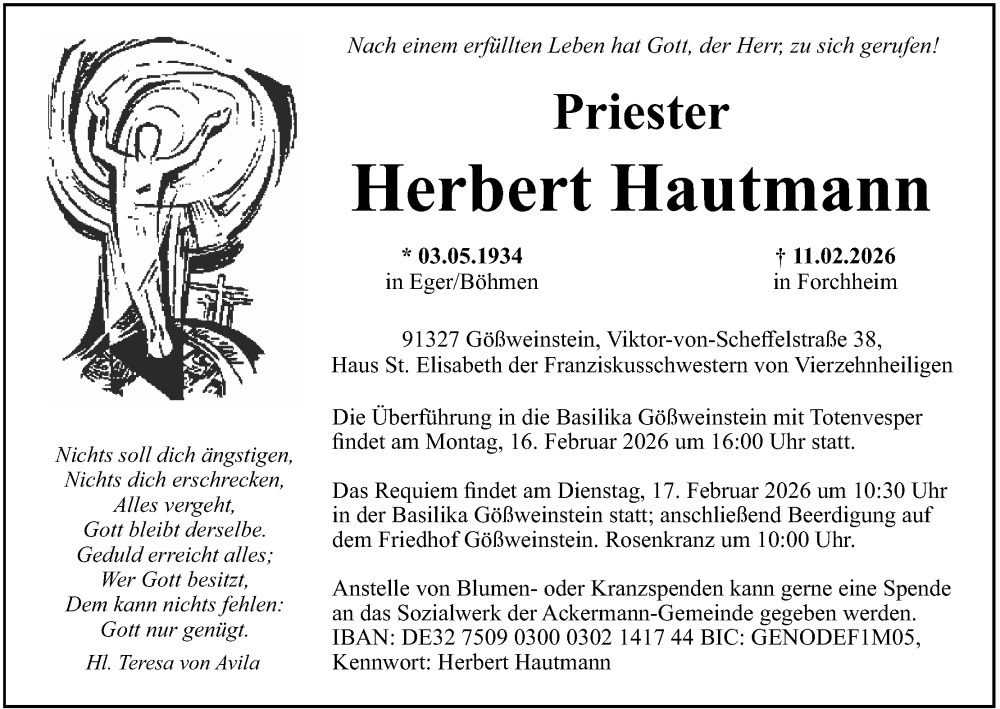  Traueranzeige für Herbert Hautmann vom 14.02.2026 aus MGO