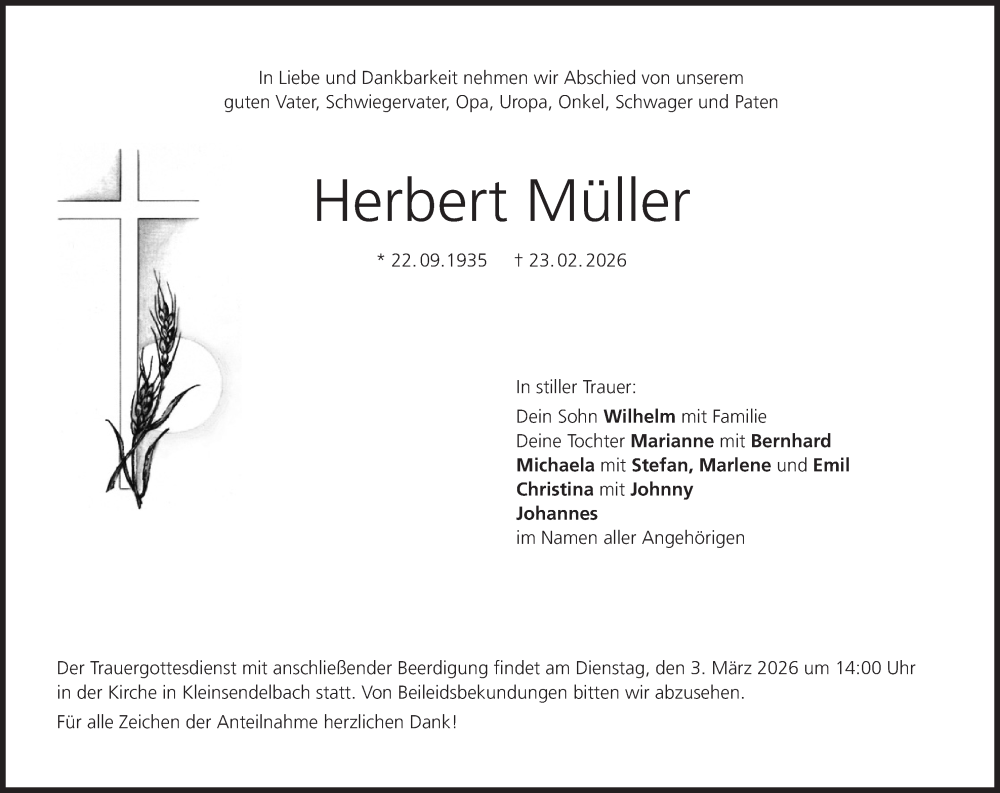  Traueranzeige für Herbert Müller vom 28.02.2026 aus MGO