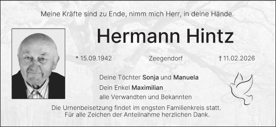 Anzeige von Hermann Hintz von MGO
