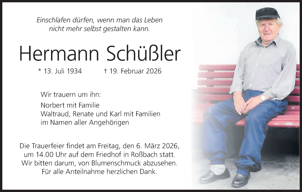  Traueranzeige für Hermann Schüßler vom 28.02.2026 aus MGO