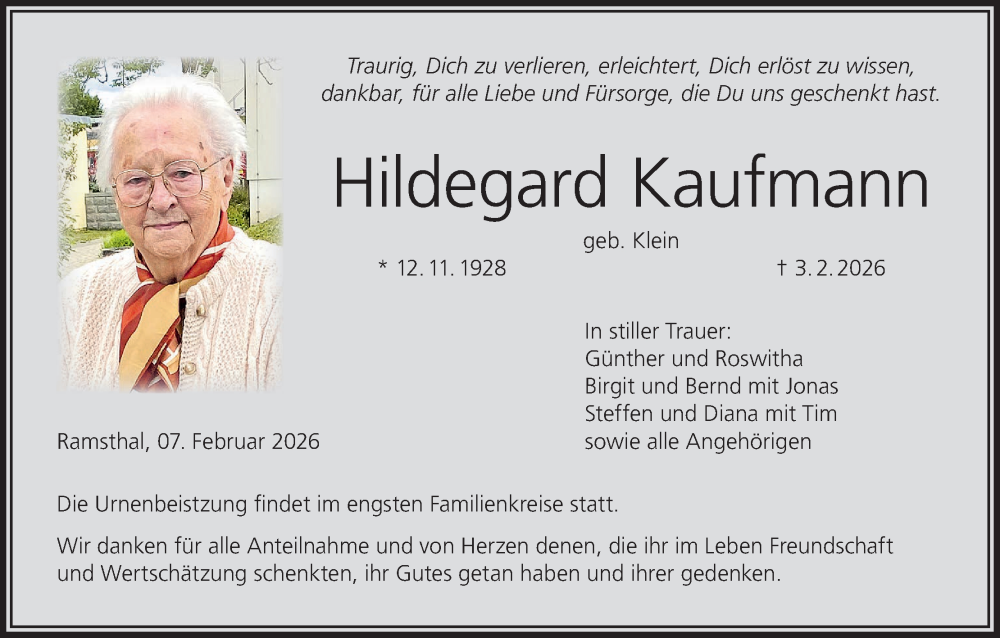 Traueranzeige für Hildegard Kaufmann vom 07.02.2026 aus MGO