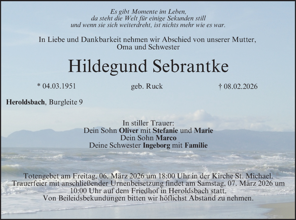  Traueranzeige für Hildegund Sebrantke vom 28.02.2026 aus MGO