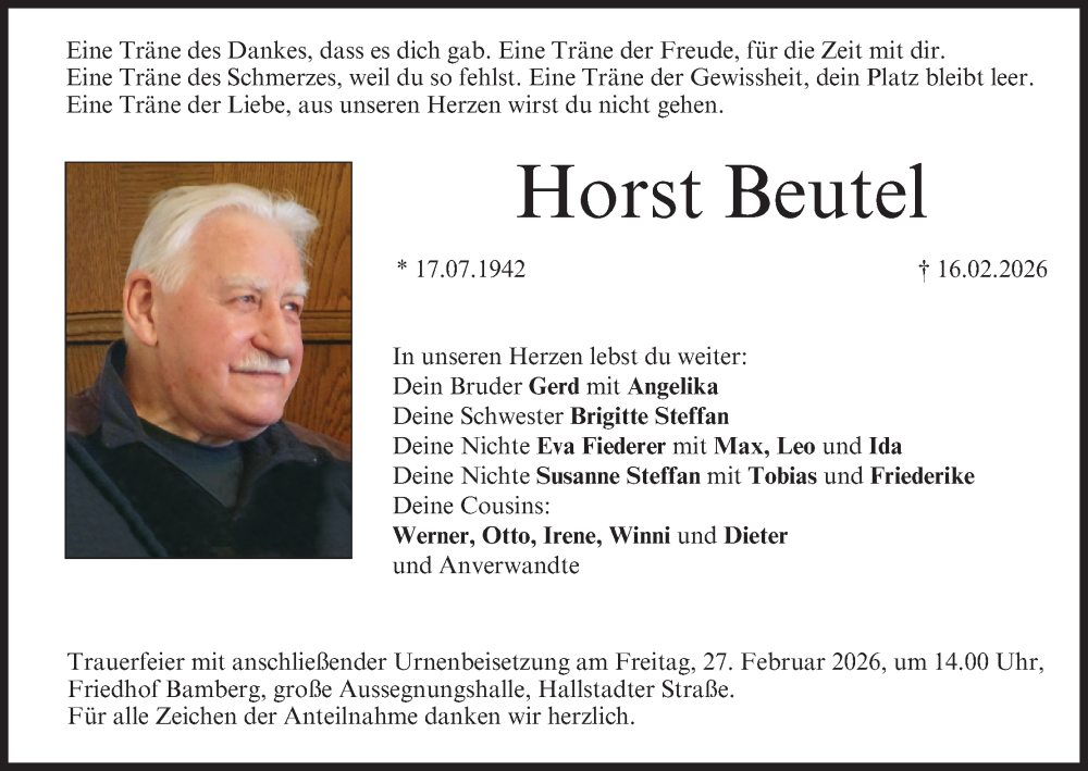  Traueranzeige für Horst Beutel vom 21.02.2026 aus MGO