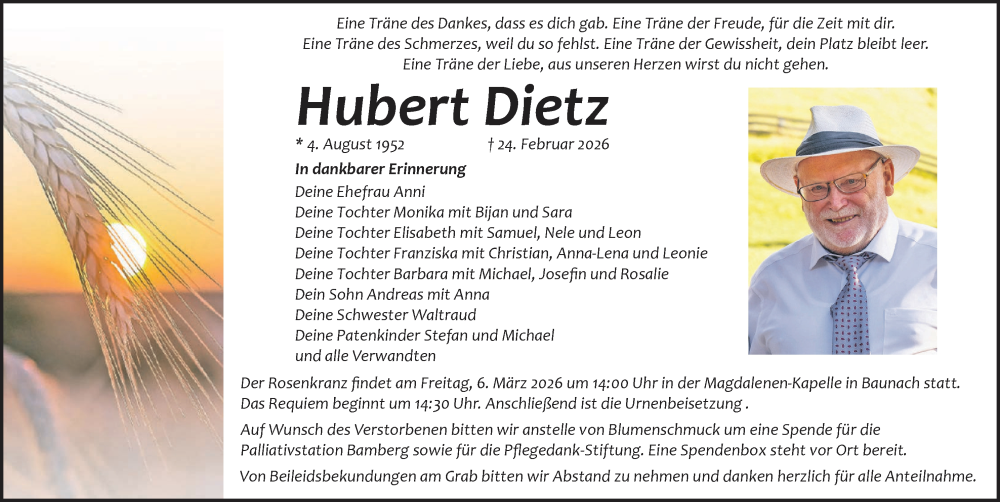  Traueranzeige für Hubert Dietz vom 28.02.2026 aus MGO