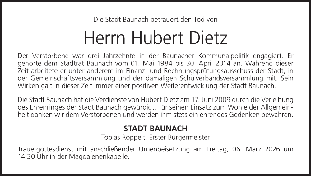  Traueranzeige für Hubert Dietz vom 28.02.2026 aus MGO