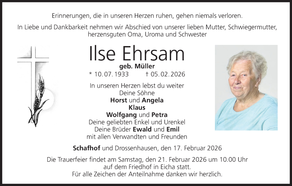 Traueranzeige für Ilse Ehrsam vom 17.02.2026 aus MGO