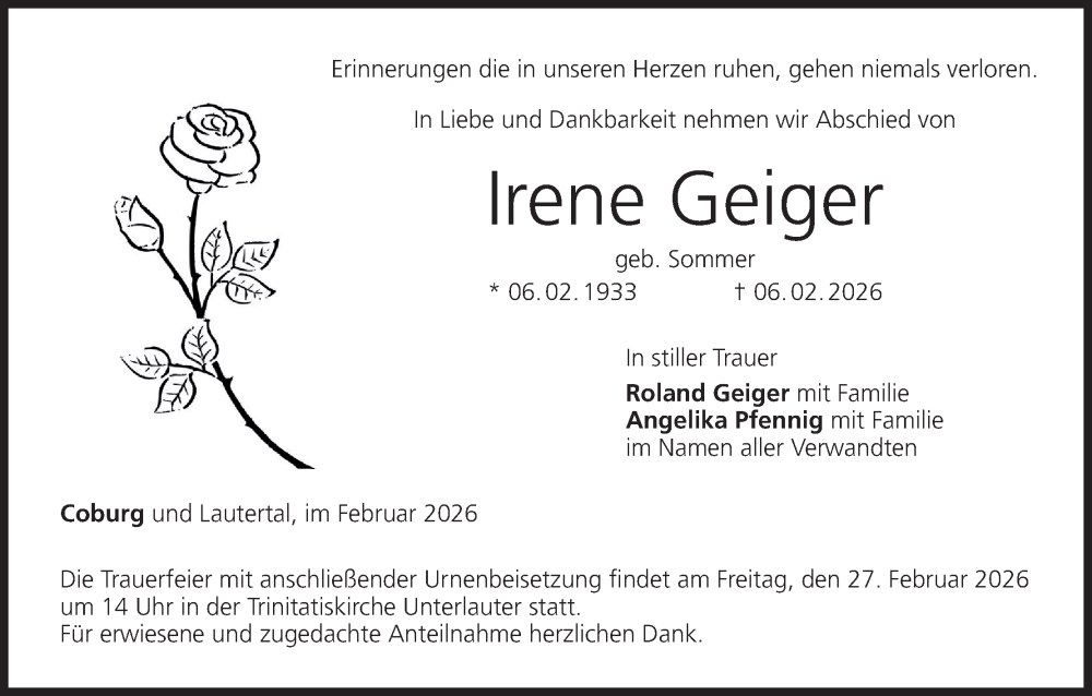  Traueranzeige für Irene Geiger vom 21.02.2026 aus MGO