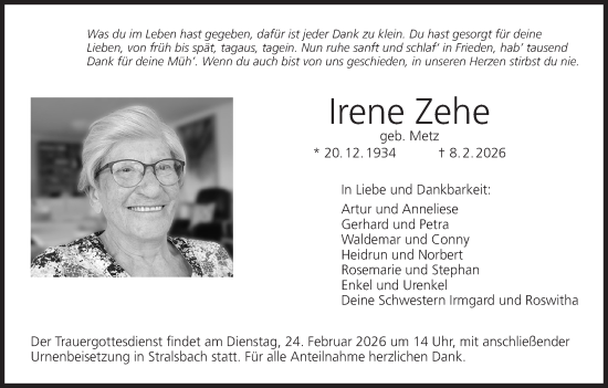 Anzeige von Irene Zehe von MGO