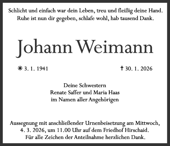 Anzeige von Johann Weimann von MGO