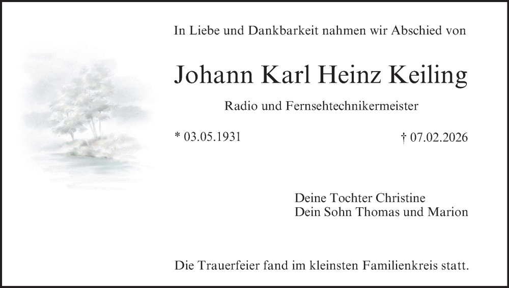  Traueranzeige für Johann Karl Heinz Keiling vom 28.02.2026 aus MGO