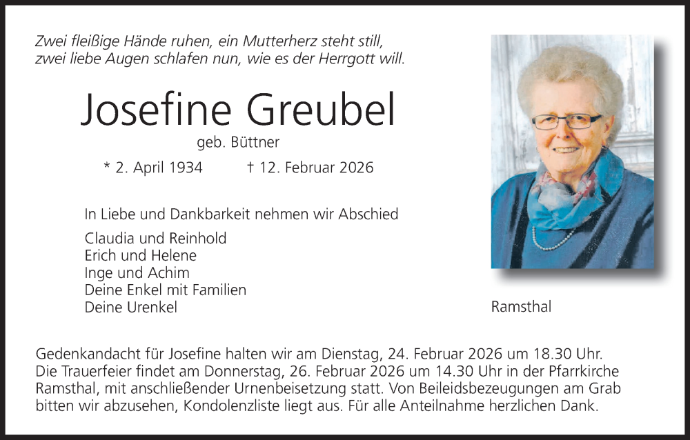  Traueranzeige für Josefine Greubel vom 21.02.2026 aus MGO