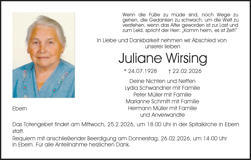  Traueranzeige für Juliane Wirsing vom 25.02.2026 aus MGO