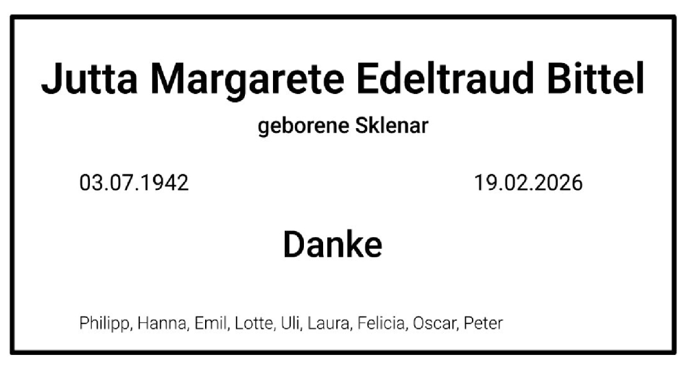  Traueranzeige für Jutta Margarete Edeltraud Bittel vom 28.02.2026 aus MGO