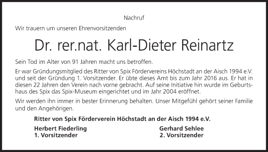 Anzeige von Karl-Dieter Reinartz von MGO