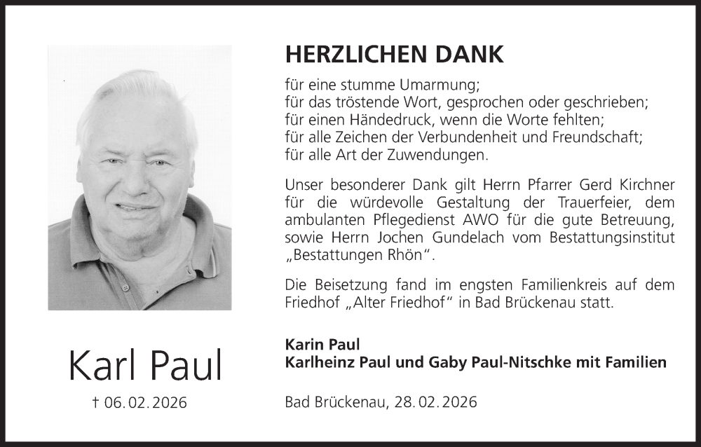  Traueranzeige für Karl Paul vom 28.02.2026 aus MGO