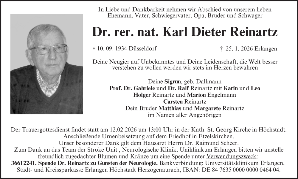 Traueranzeige für Karl Dieter Reinartz vom 07.02.2026 aus MGO