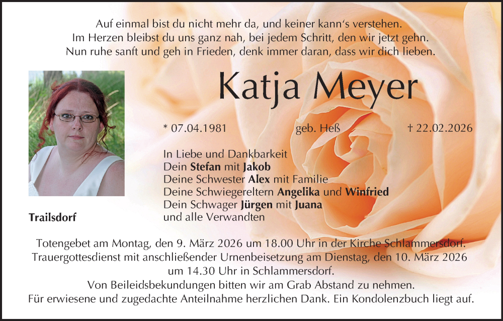  Traueranzeige für Katja Meyer vom 28.02.2026 aus MGO
